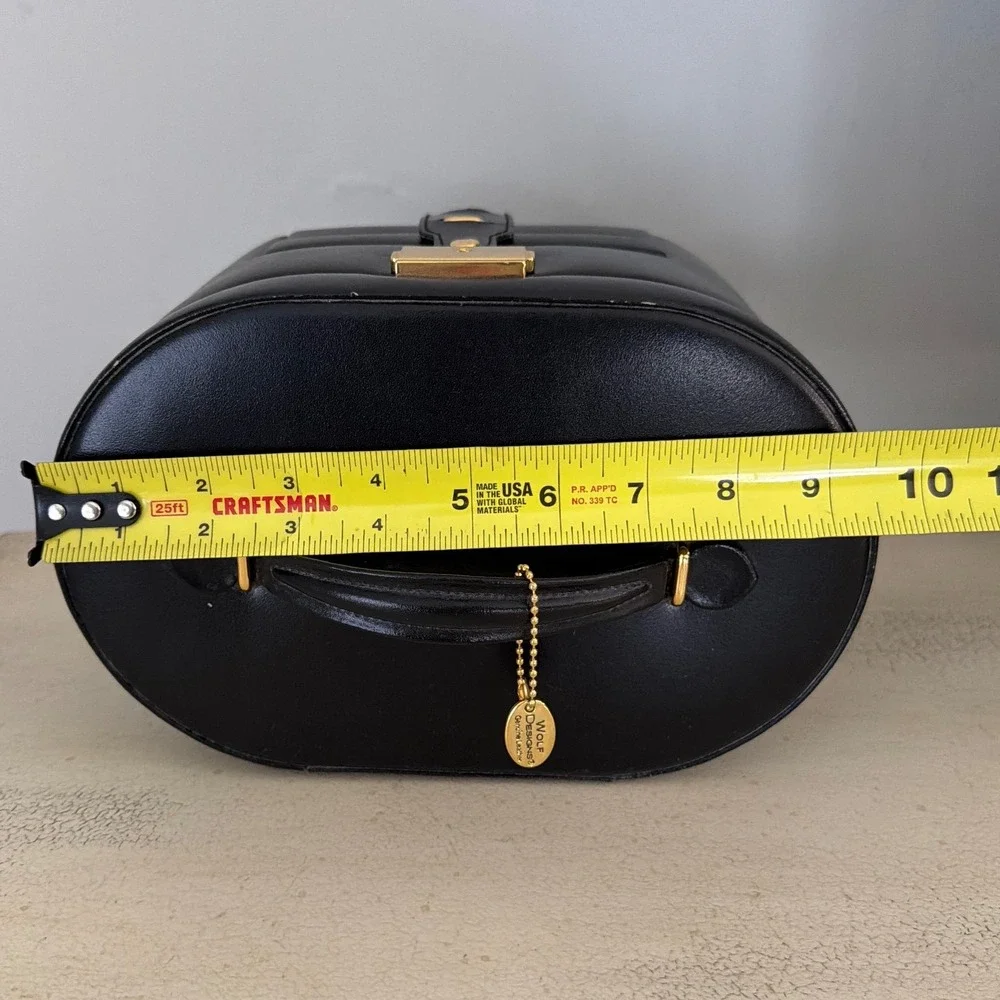 Wolf Designs Black Genuine Leather Oval Jewelry Box with Drawers & Travel Case